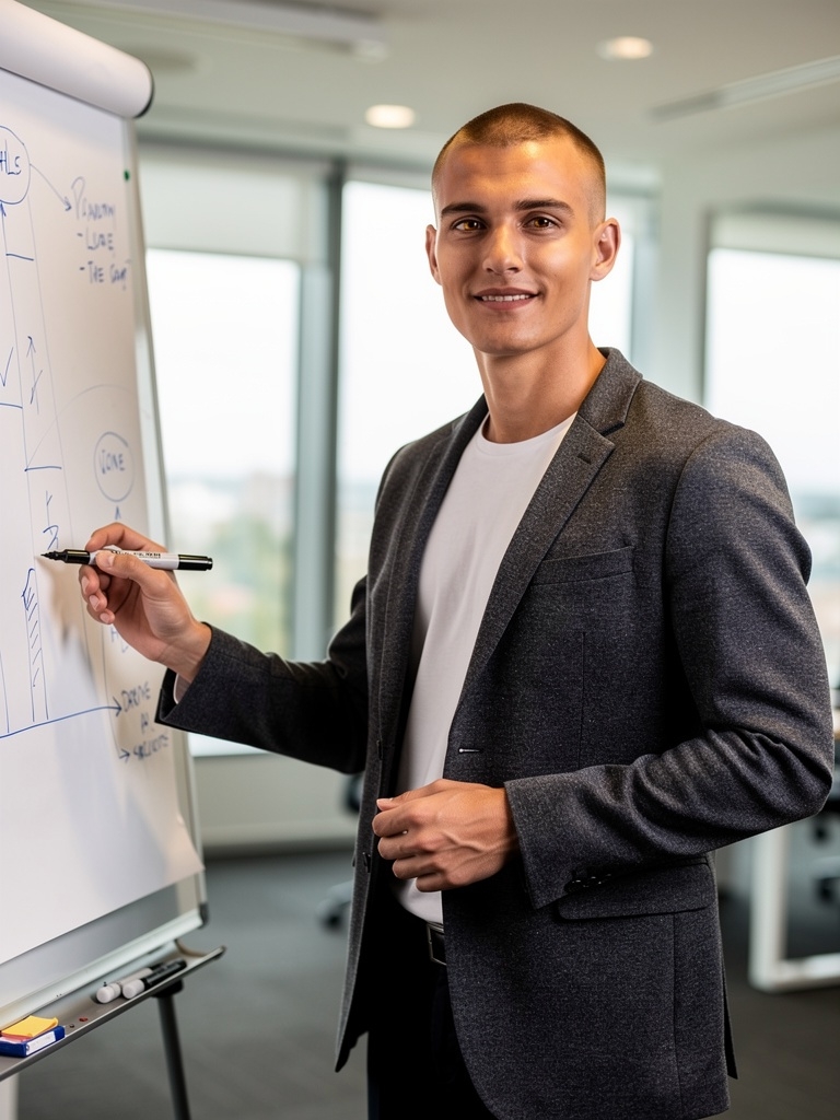 Thijs Roggevelden legt strategie uit aan een whiteboard